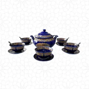 طقم شوربة طقم حساء ذهبي وأزرق