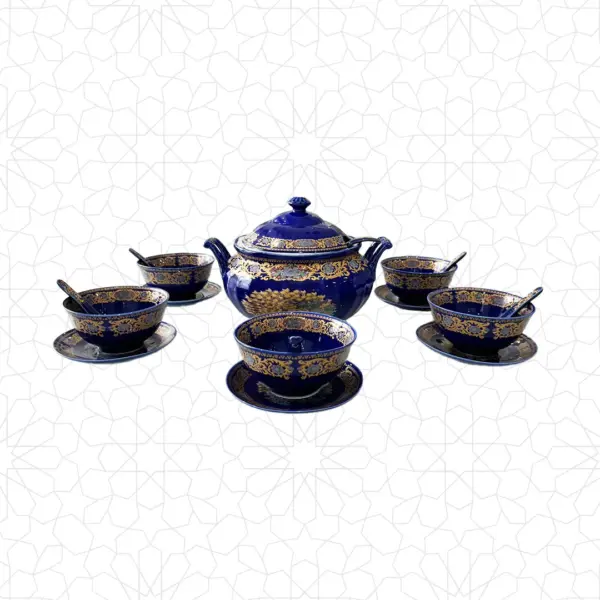 طقم شوربة طقم حساء ذهبي وأزرق