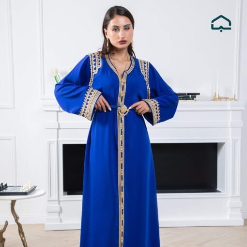 Royal Blue Crêpe Caftan with Golden Embroidery