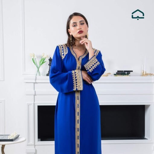 Alternative view of Royal Blue Crêpe Caftan with Golden Embroidery