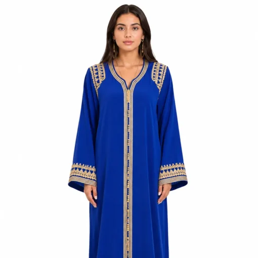 Royal Blue Crêpe Caftan with Golden Embroidery