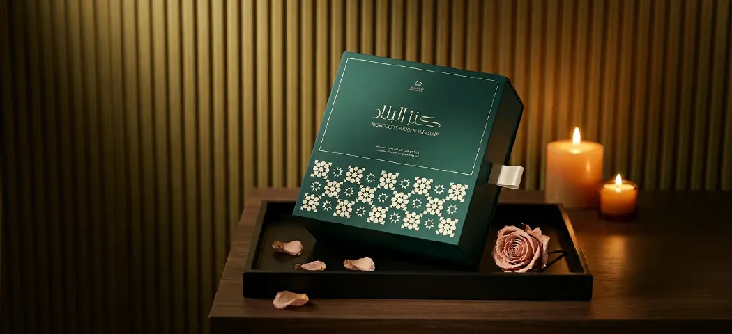 Hammam Edit gift box with ribbon, warm evening light